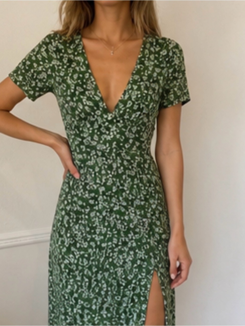 ASOS Floral V-Neck Green Midi Dress with double Side Slit